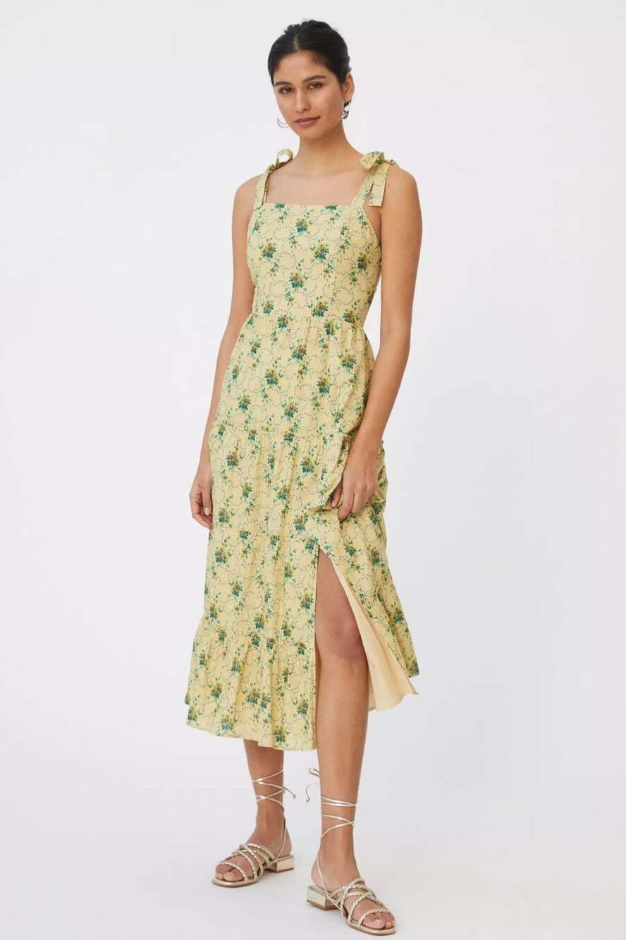 PAIGE Tamika Butter Yellow Floral Cotton Blend Smocked Tiered Midi Dress Size XS